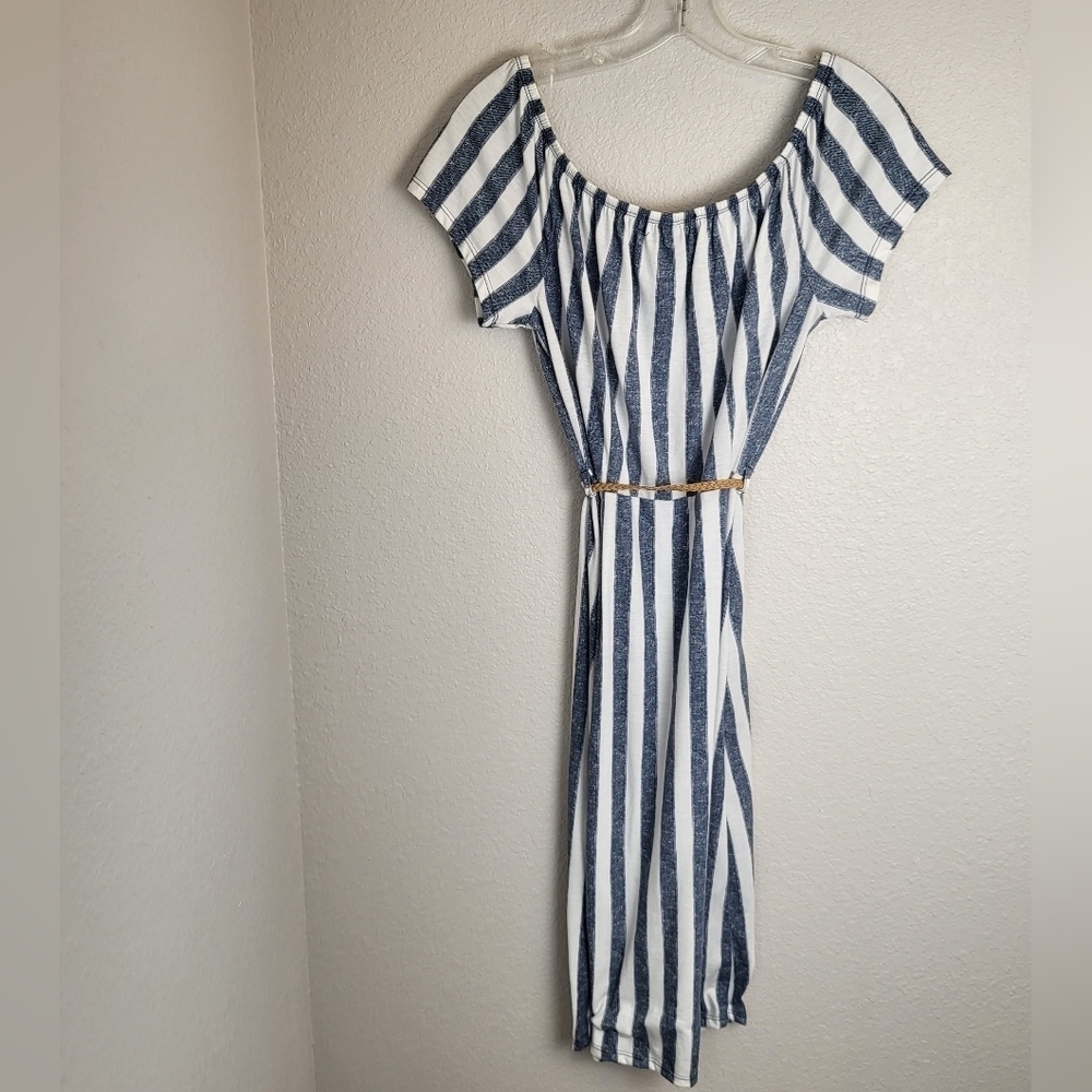 Derek Heart Blue Striped Belted Summer Dress Button Down Off Shoulder Option - Picture 3 of 9